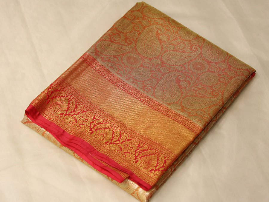 Burnt Orange Dharmavaram Inspired Semi Silk Saree with Wide Wide Contrast Border