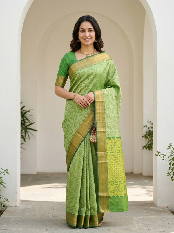 Spring Leaf Green Kanchipuram Inspired Semi Silk Saree with Wide Wide Contrast Border