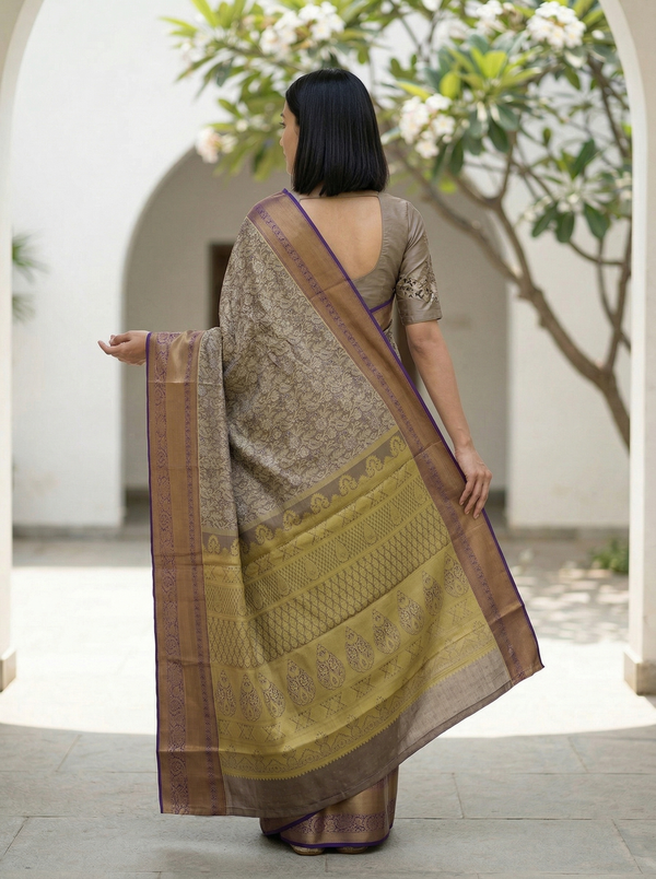 Champagne Gold Kanchipuram Inspired Semi Silk Saree with Wide Wide Contrast Border