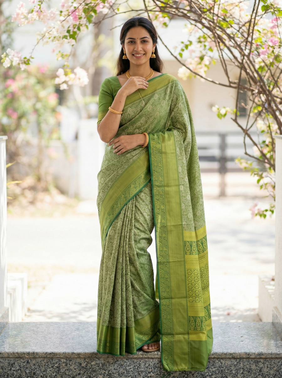 Olive Green Kanchipuram Inspired Semi Silk Saree with Wide Wide Self Border