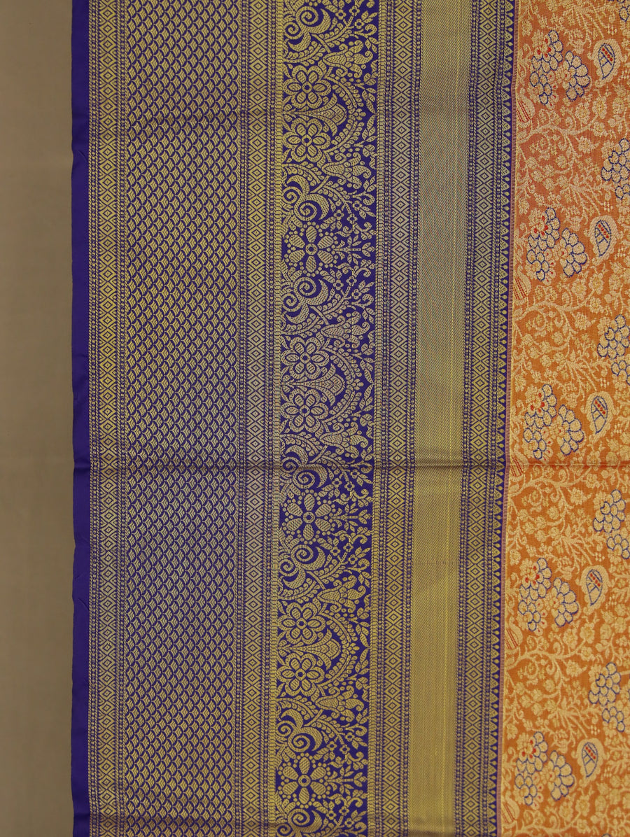 Sunset Orange Kanchipuram Inspired Semi Silk Saree with Wide Wide Contrast Border