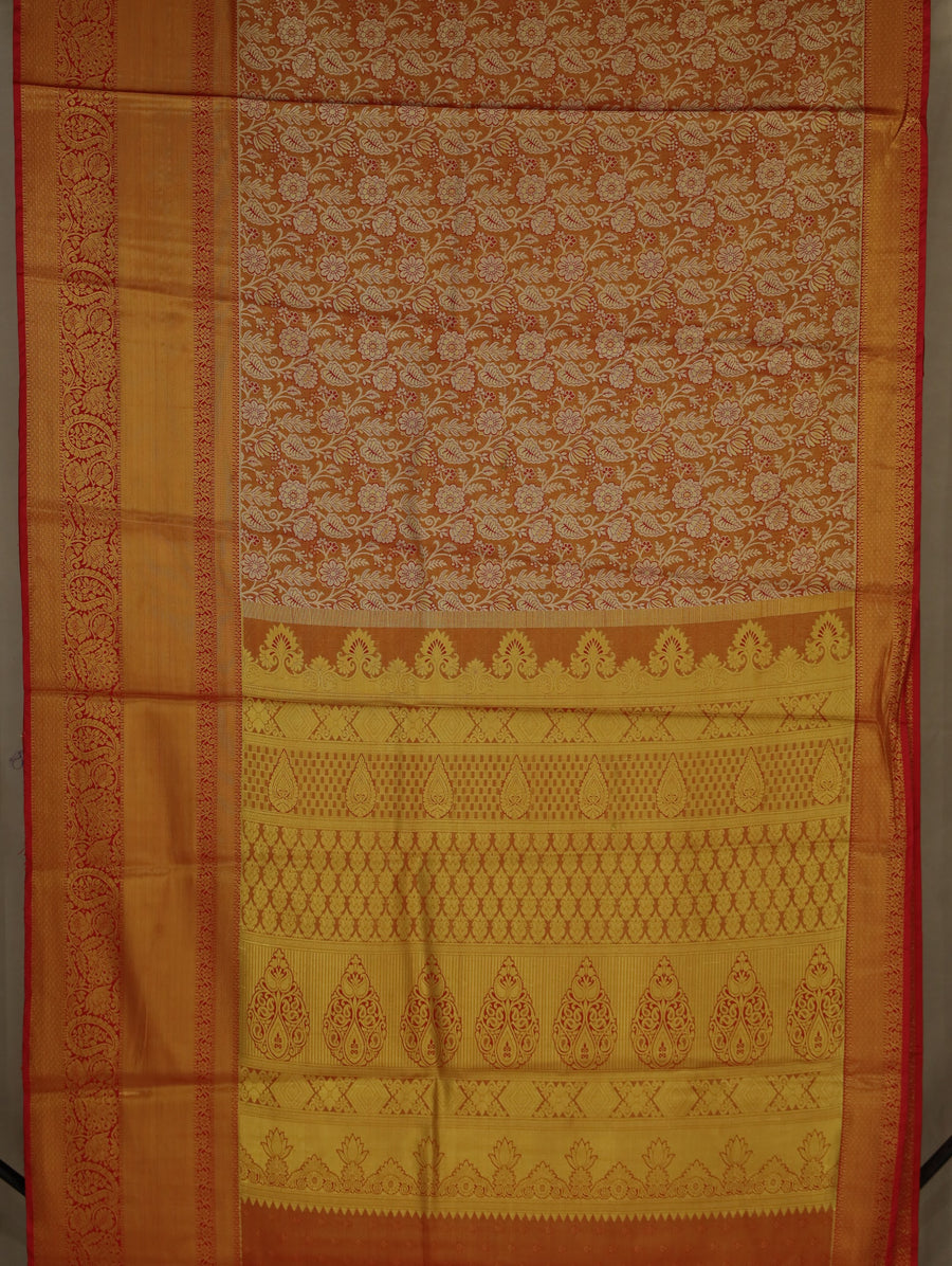 Burnt Orange Dharmavaram Inspired Semi Silk Saree with Wide Wide Contrast Border