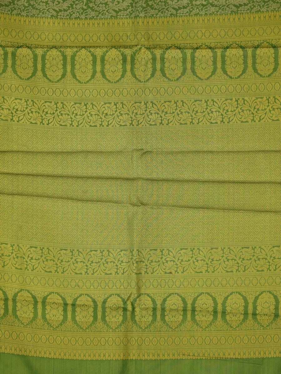 Chartreuse Green Kanchipuram Inspired Semi Silk Saree with Medium Medium Contrast Border