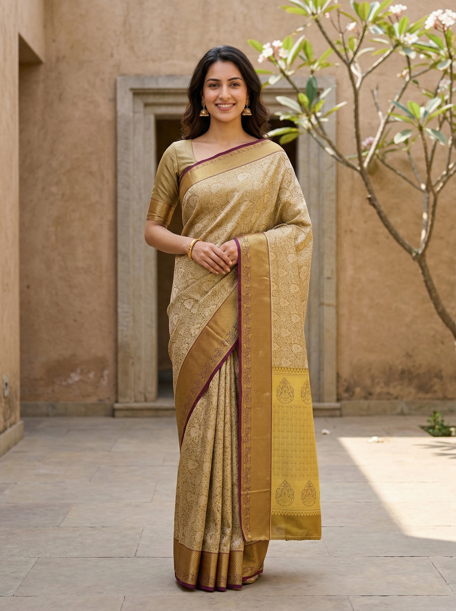 Champagne Gold Dharmavaram Inspired Semi Silk Saree with Medium Medium Contrast Border