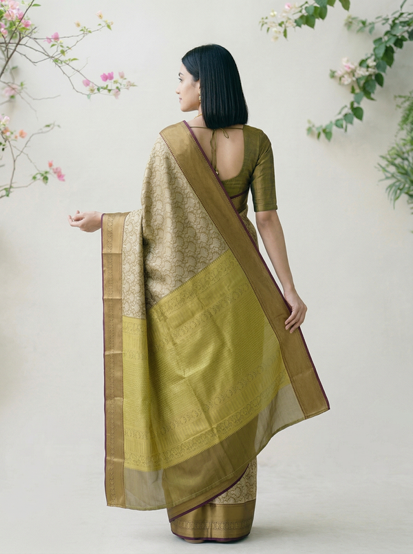 Champagne Gold Kanchipuram Inspired Semi Silk Saree with Wide Wide Contrast Border