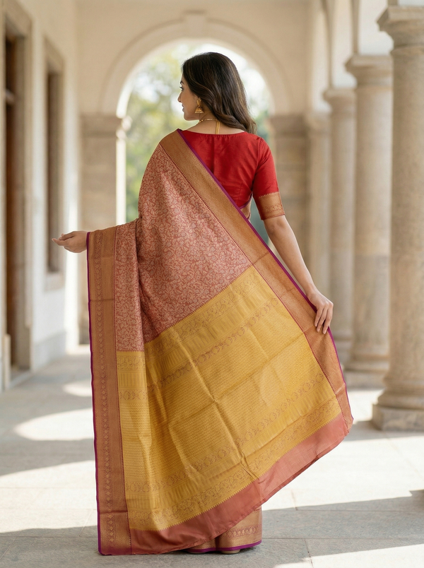 Champagne Gold Dharmavaram Inspired Semi Silk Saree with Wide Wide Contrast Border