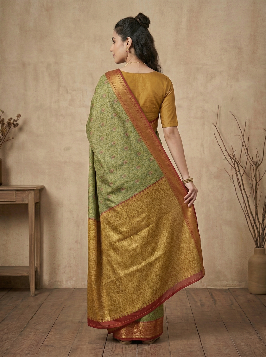 Sage Green Kanchipuram Inspired Semi Silk Saree with Wide Wide Contrast Border