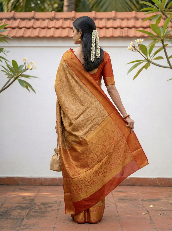 Champagne Gold Kanchipuram Inspired Semi Silk Saree with Wide Wide Contrast Border