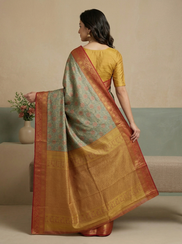 Powder Blue Dharmavaram Inspired Semi Silk Saree with Medium Medium Contrast Border