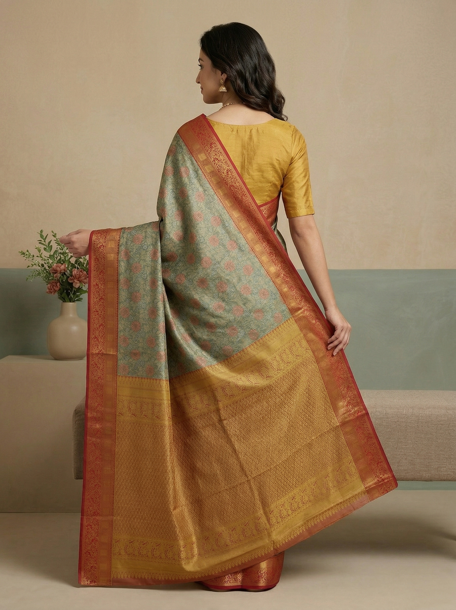 Powder Blue Dharmavaram Inspired Semi Silk Saree with Medium Medium Contrast Border