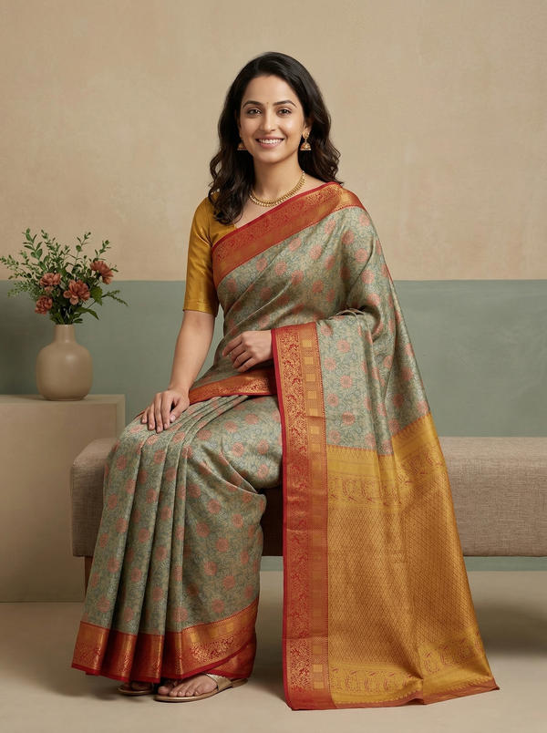 Powder Blue Dharmavaram Inspired Semi Silk Saree with Medium Medium Contrast Border
