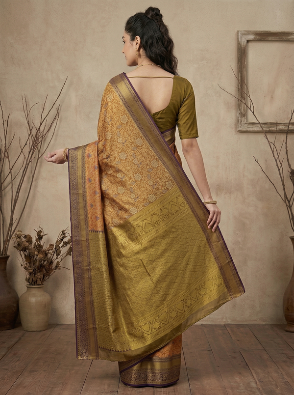 Amber Yellow Dharmavaram Inspired Semi Silk Saree with Medium Medium Contrast Border