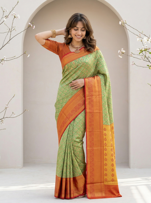 Sage Green Kanchipuram Inspired Semi Silk Saree with Wide Wide Contrast Border