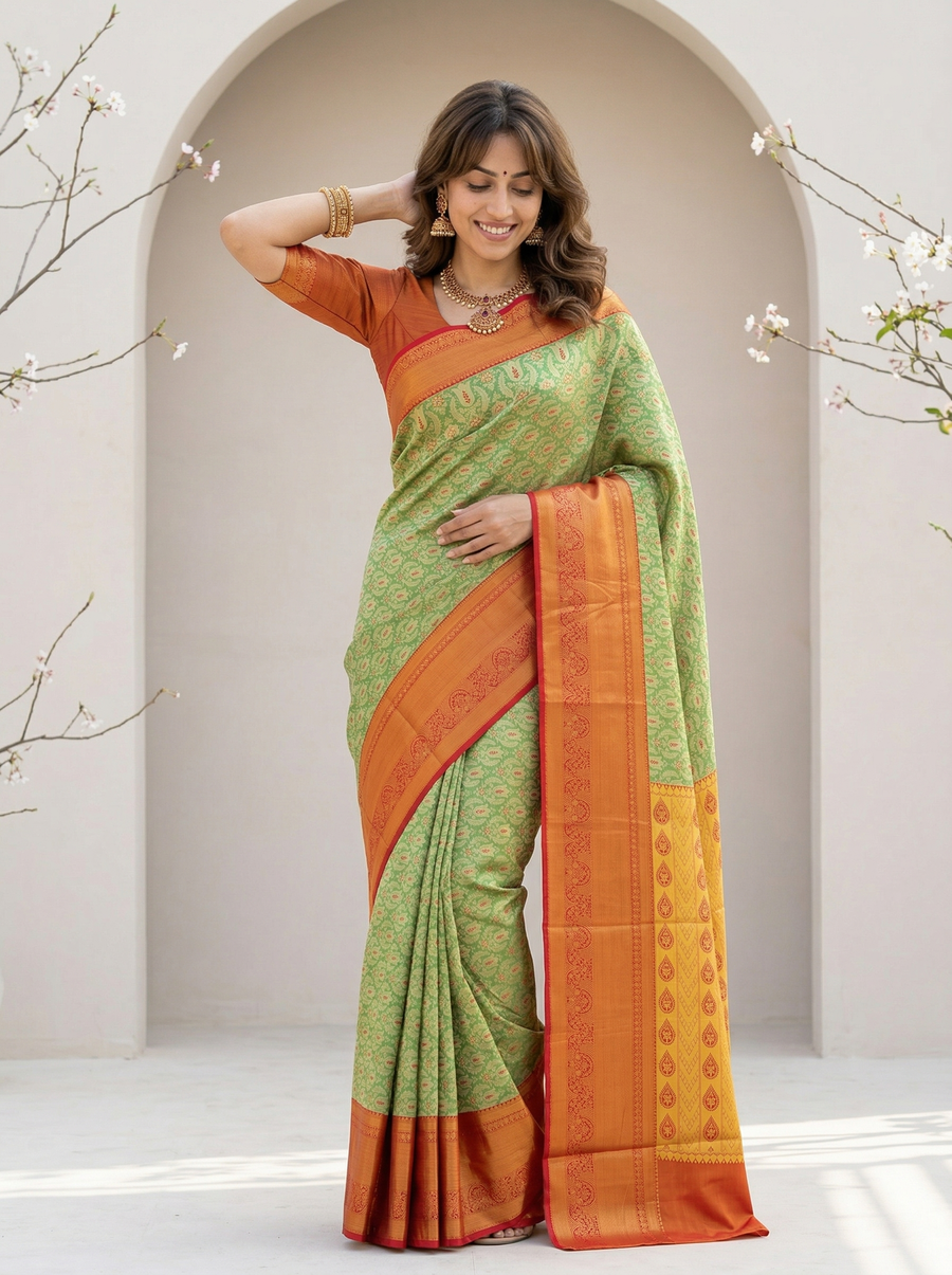 Sage Green Kanchipuram Inspired Semi Silk Saree with Wide Wide Contrast Border