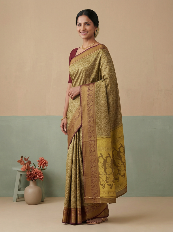 Antique Bronze Dharmavaram Inspired Semi Silk Saree with Wide Medium Contrast Border