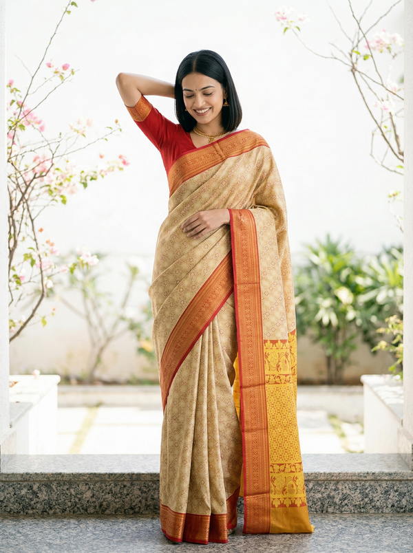 Champagne Gold Kanchipuram Inspired Semi Silk Saree with Wide Wide Contrast Border