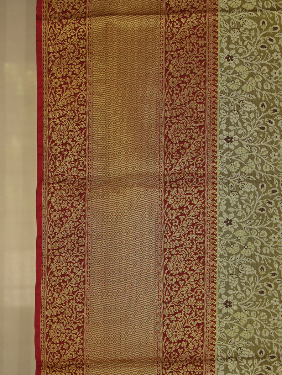 Olive Green Kanchipuram Inspired Semi Silk Saree with Wide Wide Contrast Border