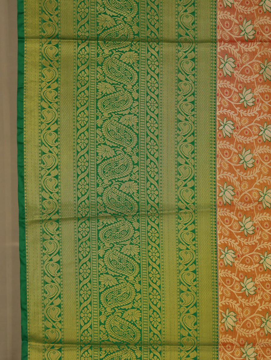 Burnt Orange Gadwal Inspired Semi Silk Saree with Wide Medium Contrast Border