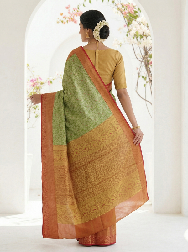 Olive Green Kanchipuram Inspired Semi Silk Saree with Wide Wide Contrast Border
