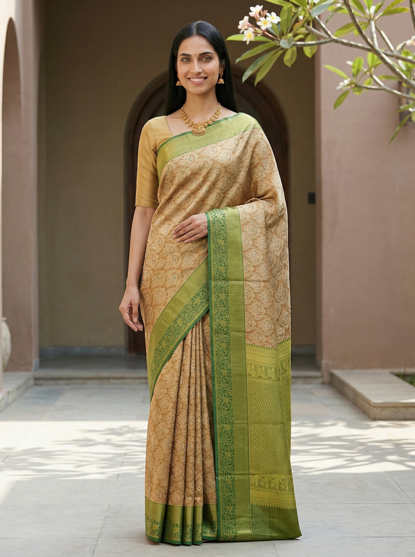 Champagne Gold Kanchipuram Inspired Semi Silk Saree with Wide Wide Contrast Border