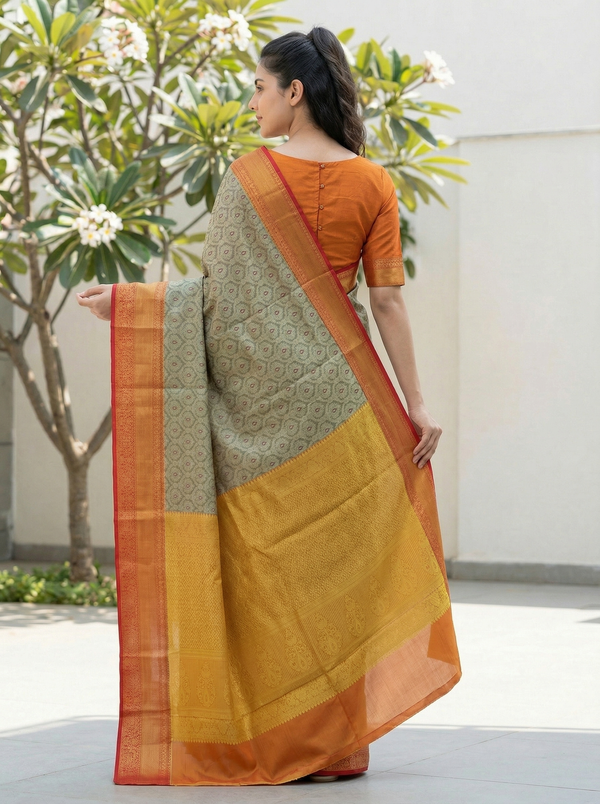 Mustard Yellow Kanchipuram Inspired Semi Silk Saree with Medium Medium Contrast Border