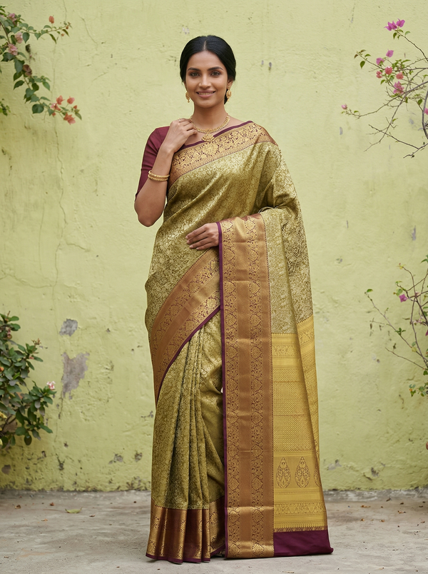 Antique Gold Kanchipuram Inspired Semi Silk Saree with Wide Wide Contrast Border