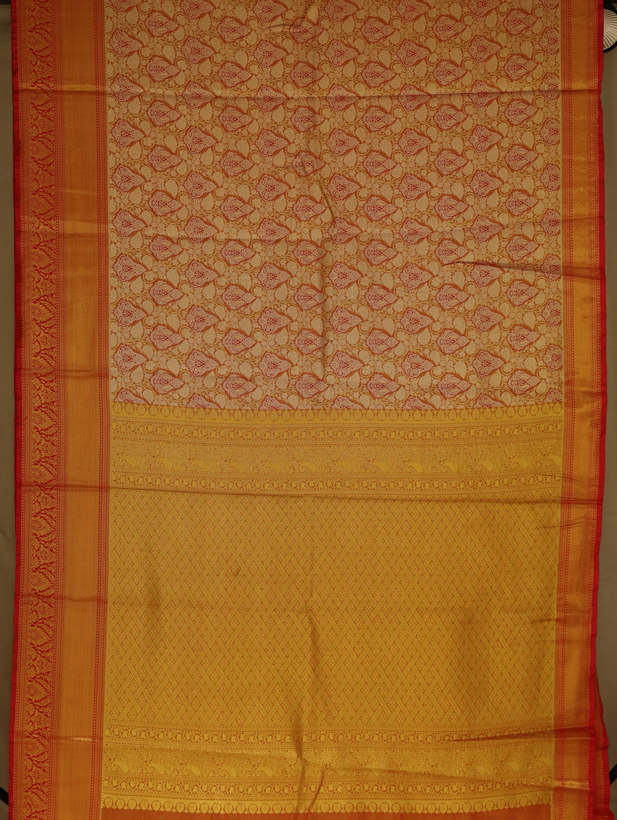 Sunset Gold Dharmavaram Inspired Semi Silk Saree with Wide Wide Contrast Border