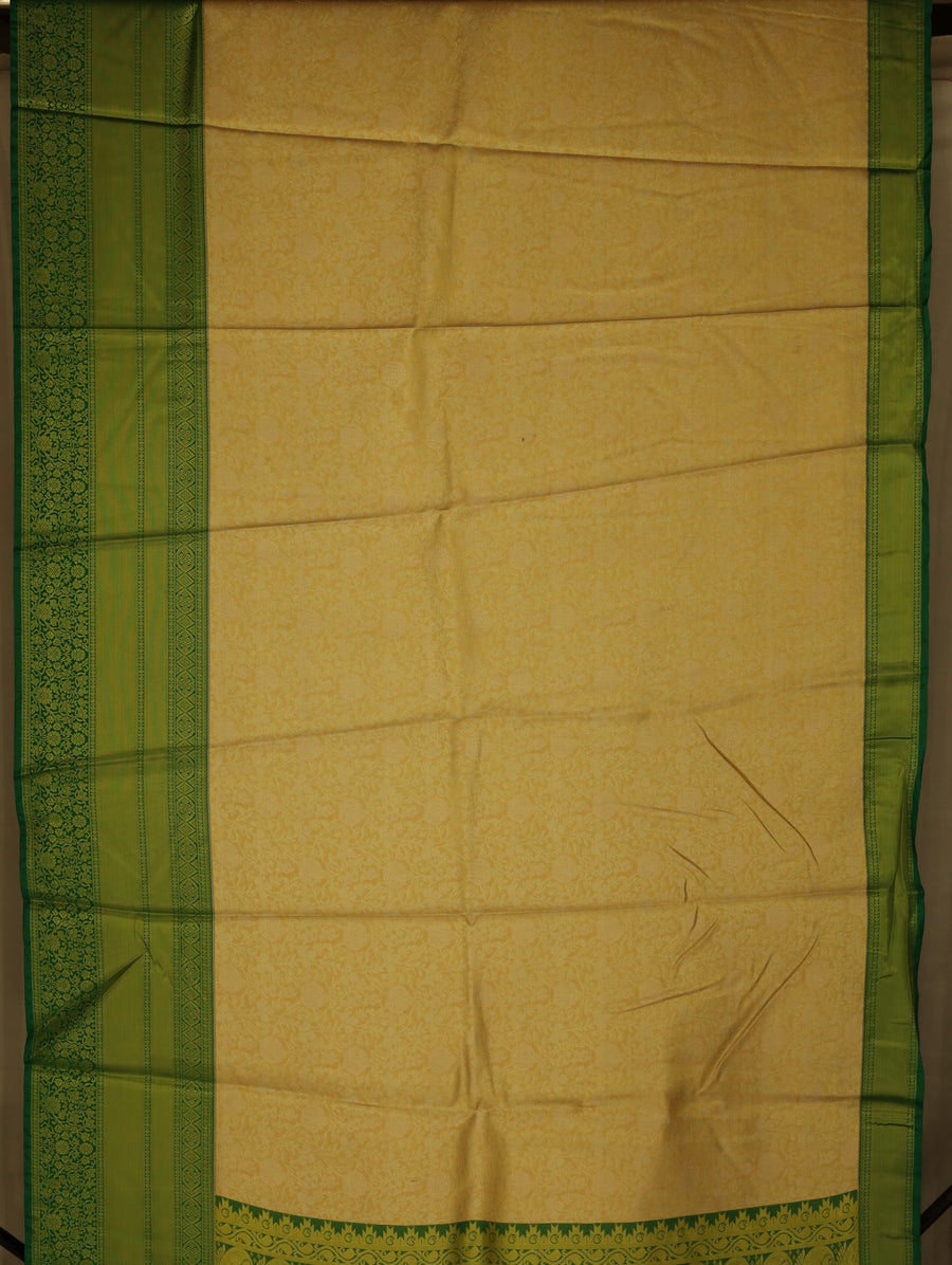 Champagne Gold Kanchipuram Inspired Semi Silk Saree with Wide Wide Contrast Border