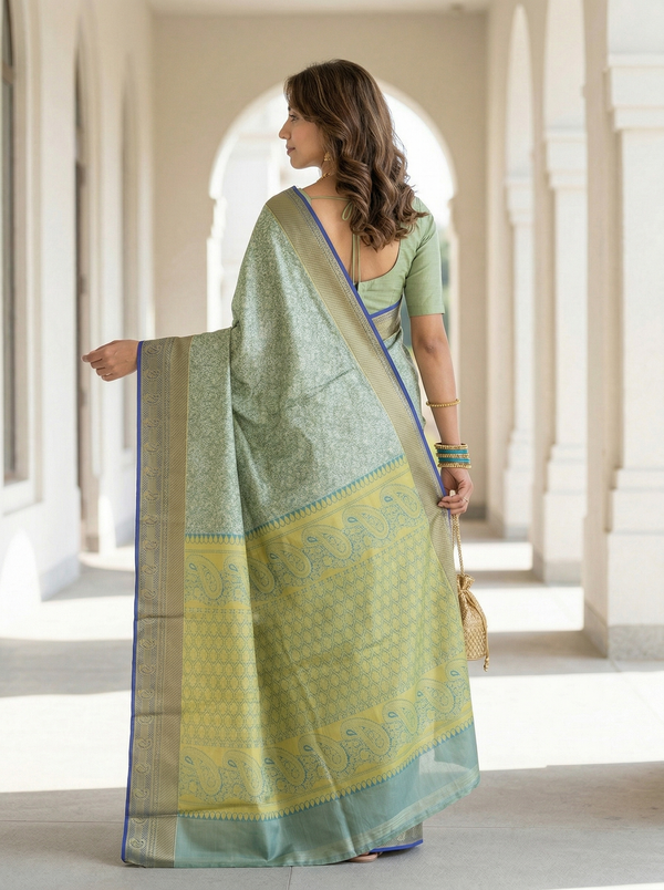 Sage Green Uppada Inspired Semi Silk Saree with Medium Medium Contrast Border