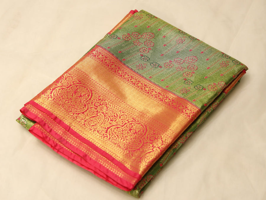 Leaf Green Kanchipuram Inspired Semi Silk Saree with Wide Wide Contrast Border