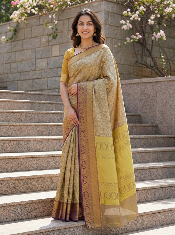 Mustard Gold Gadwal Inspired Semi Silk Saree with Medium Medium Contrast Border