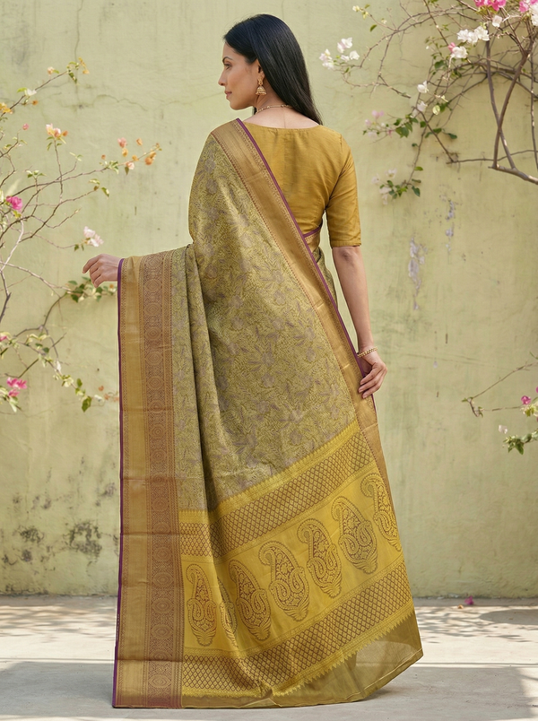 Mustard Gold Dharmavaram Inspired Semi Silk Saree with Medium Medium Contrast Border