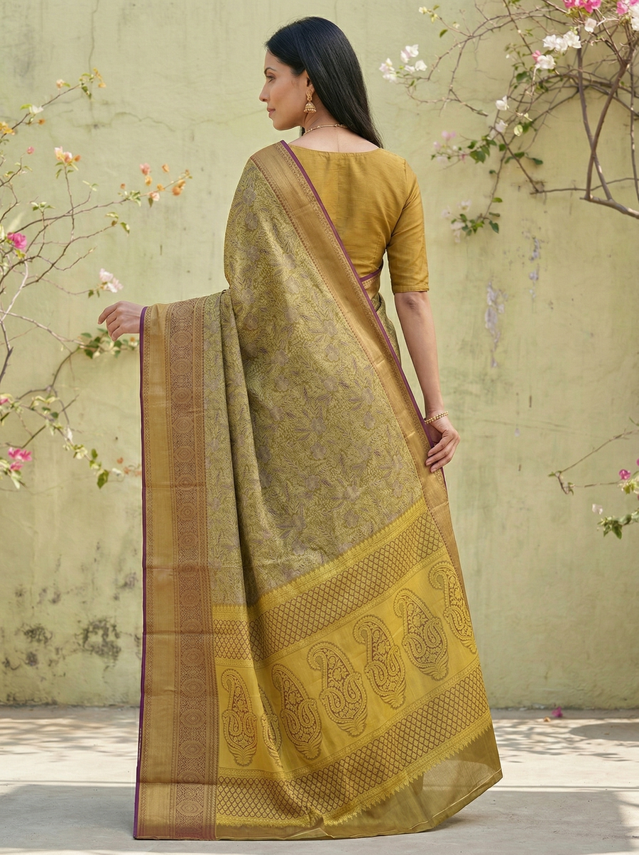 Mustard Gold Dharmavaram Inspired Semi Silk Saree with Medium Medium Contrast Border