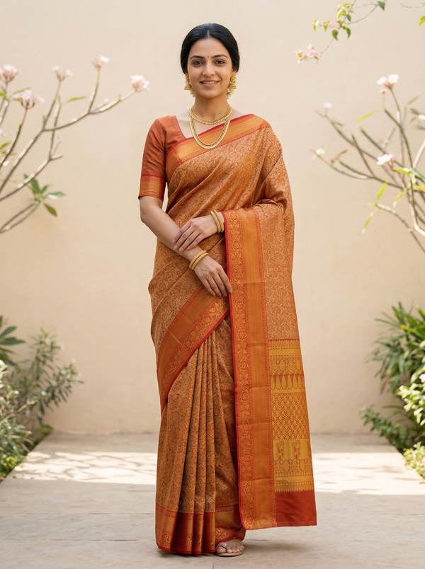Burnt Orange Kanchipuram Inspired Semi Silk Saree with Wide Wide Contrast Border