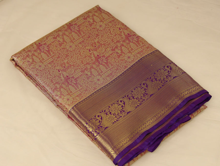 Champagne Gold Dharmavaram Inspired Semi Silk Saree with Medium Medium Contrast Border