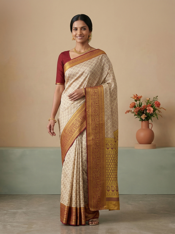 Champagne Gold Dharmavaram Inspired Semi Silk Saree with Wide Wide Contrast Border