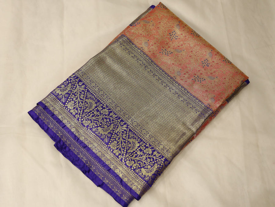 Sunset Orange Kanchipuram Inspired Semi Silk Saree with Wide Wide Contrast Border