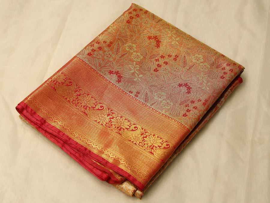 Sunset Orange Dharmavaram Inspired Semi Silk Saree with Wide Wide Self Border
