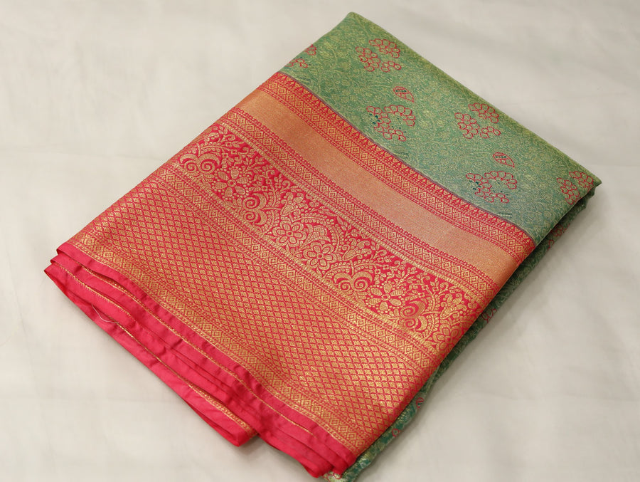 Sage Green Kanchipuram Inspired Semi Silk Saree with Wide Wide Contrast Border