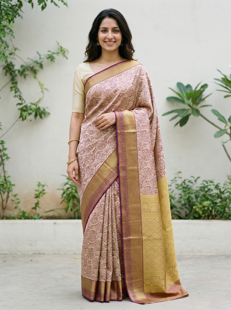 Champagne Gold Dharmavaram Inspired Semi Silk Saree with Medium Medium Contrast Border