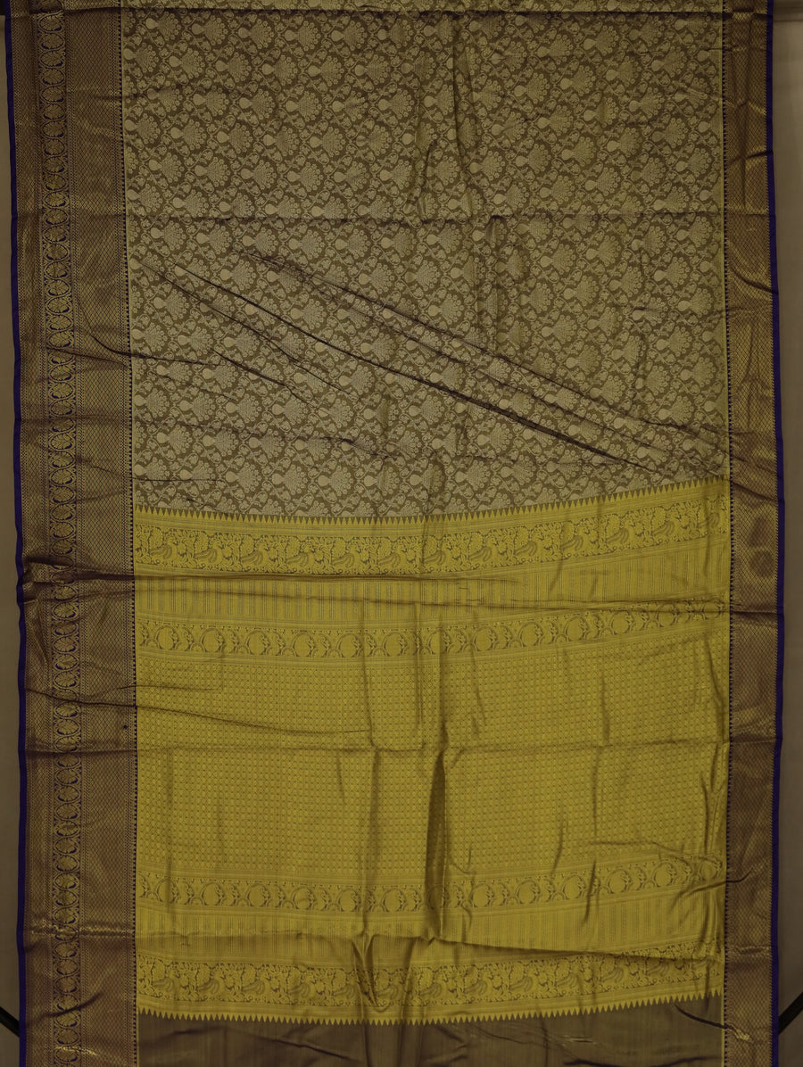 Olive Green Kanchipuram Inspired Semi Silk Saree with Wide Wide Contrast Border