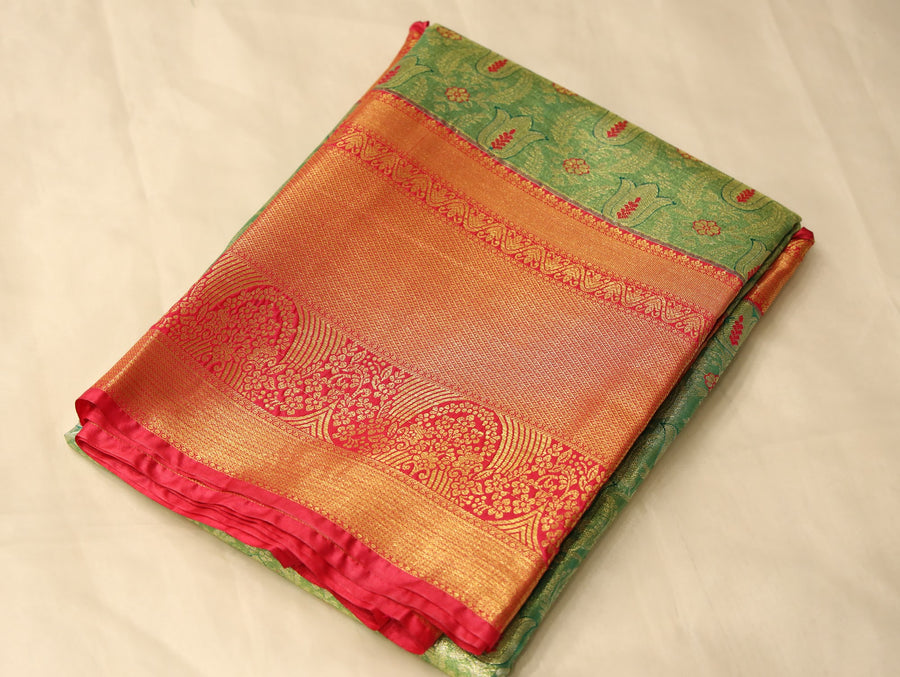 Sage Green Kanchipuram Inspired Semi Silk Saree with Wide Wide Contrast Border