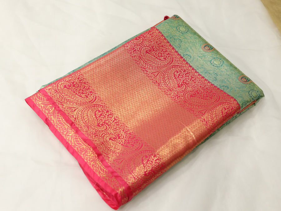 Sage Green Kanchipuram Inspired Semi Silk Saree with Wide Wide Contrast Border