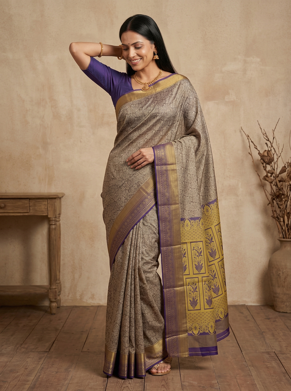 Soft Taupe Dharmavaram Inspired Semi Silk Saree with Wide Wide Contrast Border