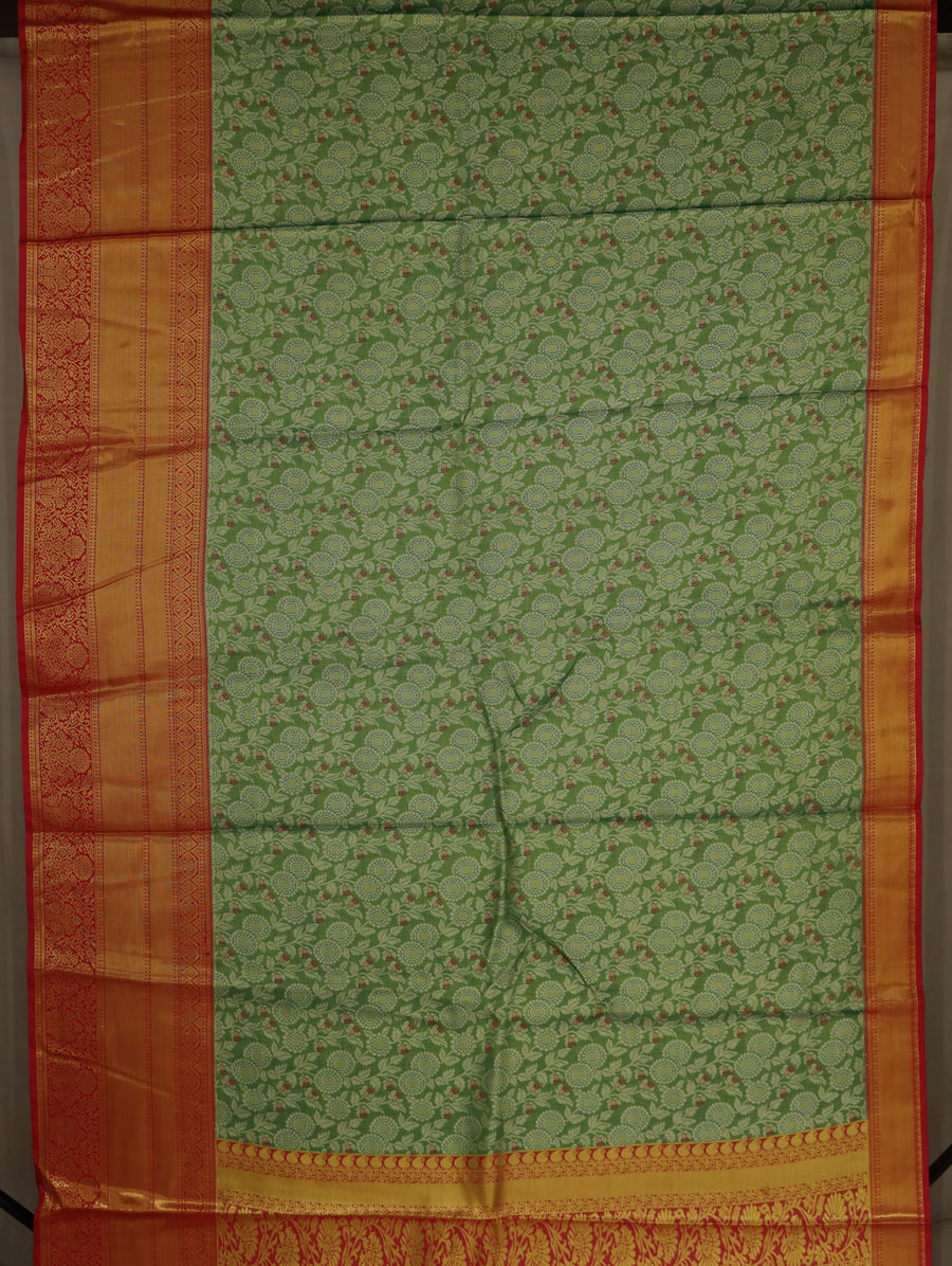 Sage Green Kanchipuram Inspired Semi Silk Saree with Medium Medium Contrast Border