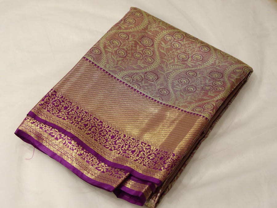 Champagne Gold Dharmavaram Inspired Semi Silk Saree with Medium Medium Contrast Border