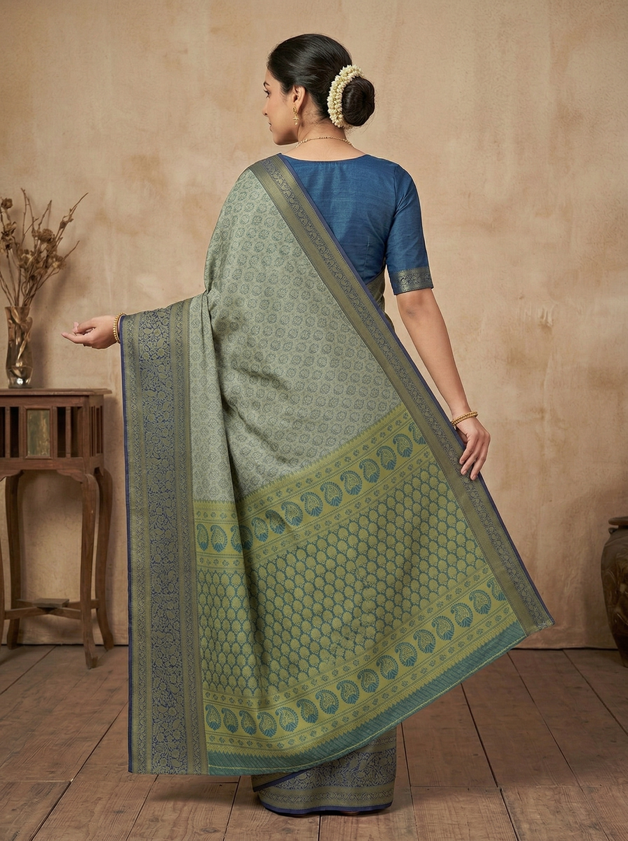 Sage Green Dharmavaram Inspired Semi Silk Saree with Medium Medium Contrast Border