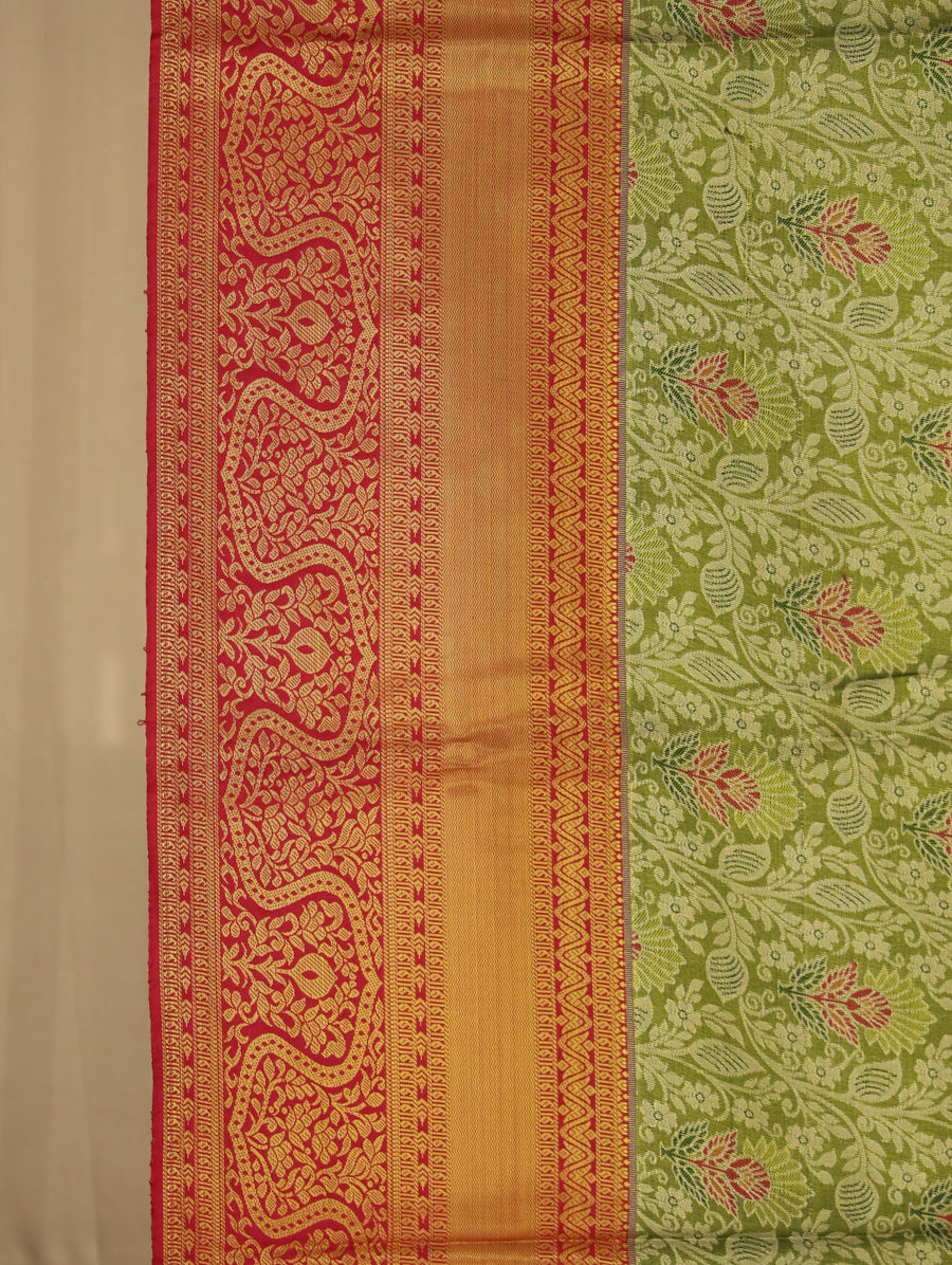 Sage Green Kanchipuram Inspired Semi Silk Saree with Wide Wide Contrast Border