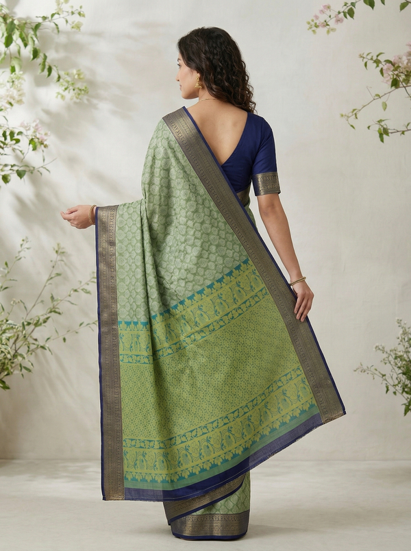 Pistachio Green Gadwal Inspired Semi Silk Saree with Medium Medium Contrast Border