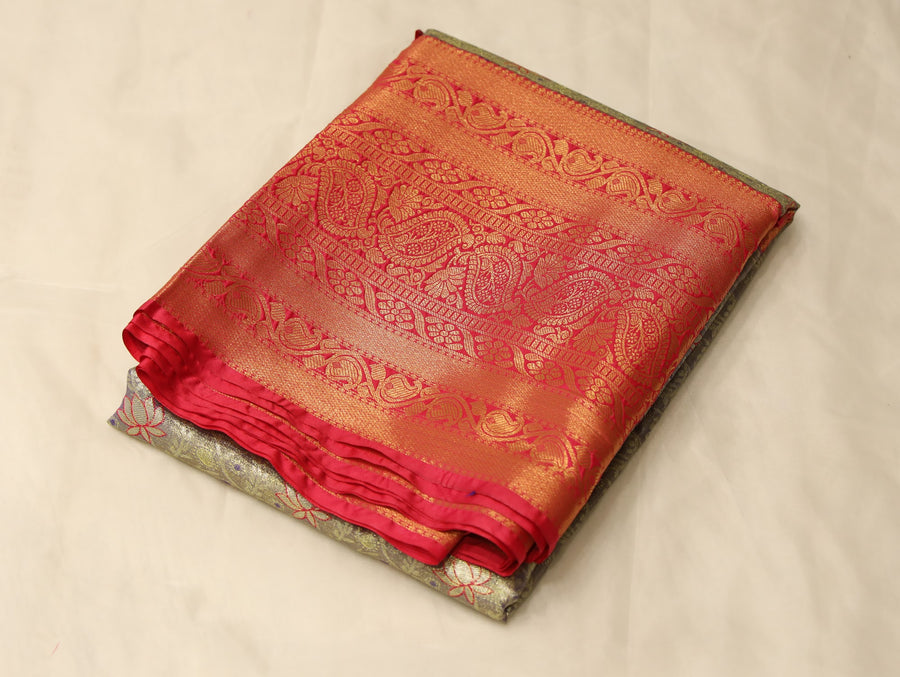 Burnt Orange Dharmavaram Inspired Semi Silk Saree with Wide Wide Contrast Border